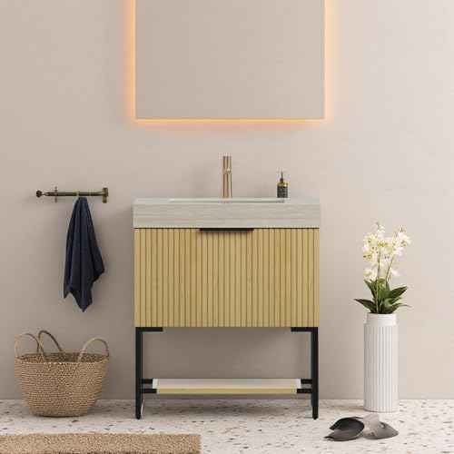 Image of 30 inch Freestanding Bathroom Vanity with Sink, Bathroom Vanity with Sintered Stone Top & Undermount Ceramic Basin, Pre-Assembled Striped Bathroom Storage Cabinet with Drawer & Open Shelf, Oak
