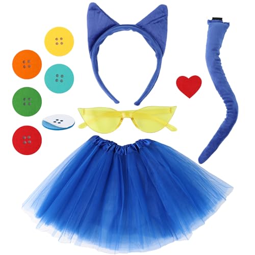 eygeufg 11 Pcs Cat Accessory Set Blue Headband and Tail Tutu Skirt Sunglasses & Decorative Patches for Teens(14+) & Adults Theatrical Performance & Parties