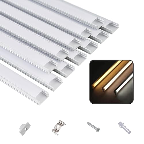 T&K Profilé aluminium LED 12 x 1M en forme de U argenté avec cache opale, embouts et clip de montage, canal en aluminium, profilé d'angle anodisé pour bandes LED et rubans LED