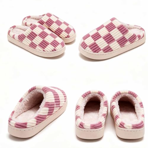 Image of Checkered Slippers for Women and Men - Fuzzy House Slippers with Memory Foam, Comfy Plush Fluffy Indoor House Shoes, Cozy Warm Slip on Bedroom Slippers with Non-Slip Sole