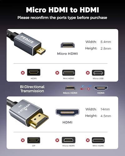 Image of FEDUS 4K Micro HDMI to HDMI Cable 1.5 Meter, Micro HDMI 2.0 Adapter [4K@60Hz, 2K@144Hz 120Hz] 4K 18Gbps HDR, Compatible for Samsung G8, G9, Camera, Rasp Berry Pi 5 4, go pro Hero, Cam Link