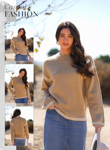 Image of Dokotoo Sweaters for Women Fashion Solid Crewneck Loose Fit Long Sleeve Contrast Cable Knit Pullover Sweater Jumper Tops