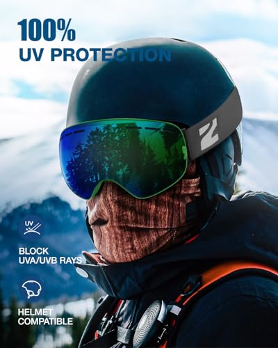 Image of ZIONOR X Ski Snowboard Snow Goggles OTG Design for Men Women Adult with Spherical Detachable Lens UV Protection Anti-fog (VLT 14% Green Frame Revo Green Lens)