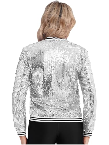 Women Girl's Sparkly Sequin Long Sleeve Baseball Collar Zip Up Striped Trim Bomber Jacket2