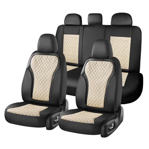 Image of Coverado Leather Seat Covers, Car Seat Covers Full Set, Black Beige Diamond Leather Car Seat Cover with Carbon Fiber Textured Design, Universal 5 Seats Waterproof Car Seat Protector Fit for Most Cars