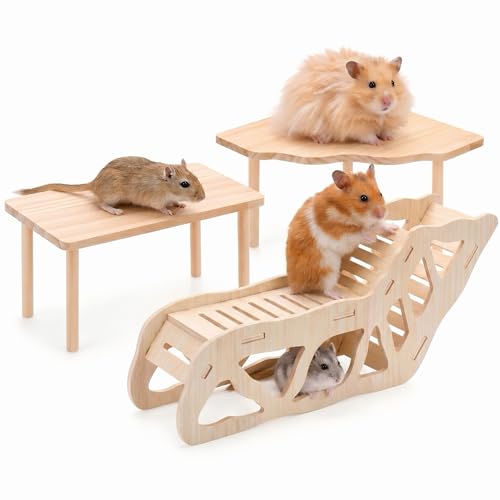 Viventwave 3-Piece Hamster Wood Platform Set with Tunnel Hideout Natural Cage Accessories with Hides Food & Water Stations Climbing & Burrowing for Dwarf Syrian Hamsters Mice & Gerbils