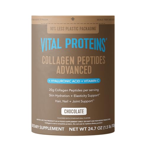 Vital Proteins Collagen Peptides Advanced, Hydrolyzed Peptides with Hyaluronic Acid and Vitamin C - Chocolate Flavor Powder, 24.7oz Chocolate 26 Servi