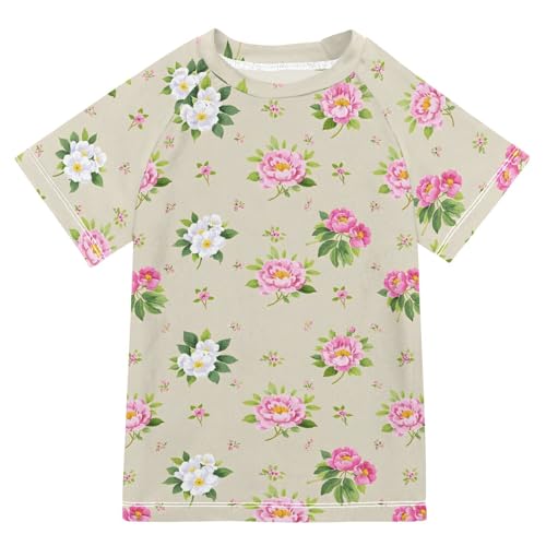 ALAZA Kids Rash Guard Girls Toddler Swim Shirts Short Sleeve Vintage Peony Flower UPF 50+ 3T