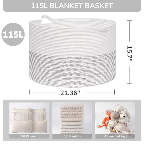 Image of INDRESSME 115L Extra Large Blanket Basket, Cotton Rope Toy Baskets Storage Kids Toy Bin for Playroom Decor Woven Baby Laundry Basket for Organizing, Black Stitch