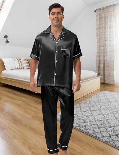 Silk Pajamas for Men 3 Piece Mens Summer Satin Pajamas Set Short Sleeve Men's Sleepwear with Pants Eye Mask4