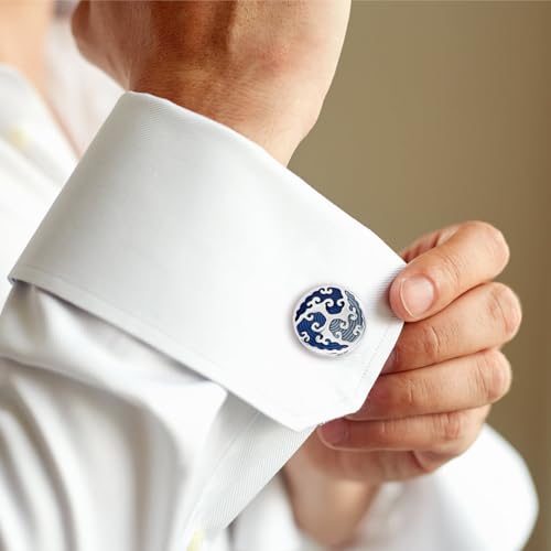 Round Cufflinks with Blue Enamel Wave Overlay2