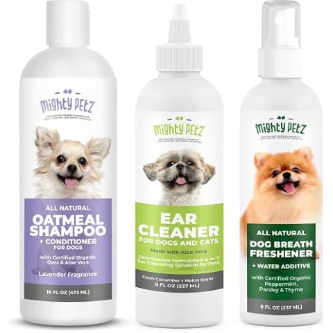 Mighty Petz 2-in-1 Oatmeal Dog Shampoo + Mighty Petz Dog Ear Cleaner Solution + 2-in-1 Dog Breath Freshener Spray & Water Additive Bundle Cover