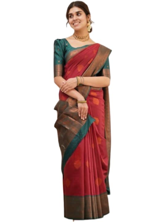 Image of Flosive Elegant Red Banarasi Saree with Gold Zari Border & Classic Design