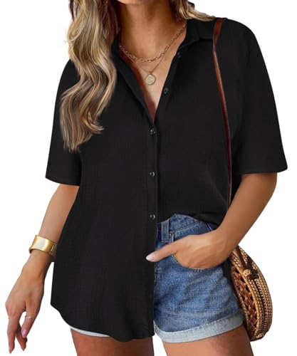 TIYOMI Women's Plus Size Cotton Shirts Tops Collared Black Short Sleeve 3X Button Down Solid Casual Shirts Loose Fit Summer Blouses 3XL 22W 24W
