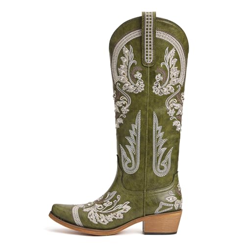 Image of vodvob Western Cowboy Boots for Women Rhinestone Knee High Cowgirl Snip Toe