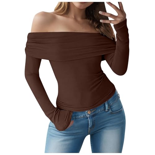 Camisetas genéricas de manga larga cuello redondo para mujer Tops sexy hombros descubiertos camiseta blusa Slim Fit capa base túnica blusa elegante corte ajustado color sólido jersey tops, café, XL