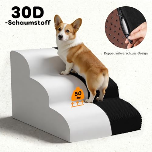 Thihome Hundetreppe für Kleine Hunde, Haustiertreppe 3 Stufen, Hochdichtem Schwamm Hundetreppen 40cm Hoch, Hunde Treppe mit Waschbarem Bezug, Rutschfestem Hunderampe für Bett & Sofa, Schwarz