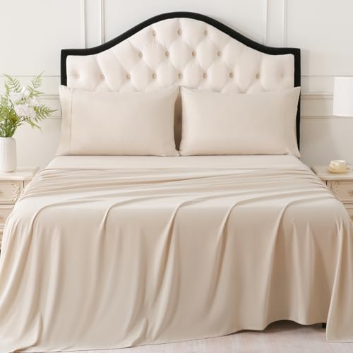 MICORAL King Bed Sheets Set Soft Breathable Bedding Sheet Set Sheets Set with 16 Deep Pocket Design (4 Pieces King Beige)