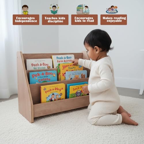 Image of Montessori Book Shelf for Kids and Toddlers - Wooden Book Organizer and Reading Rack for Nursery, Study Room, or Bedroom - Child-Safe Bookshelf for Home Use (Brown)
