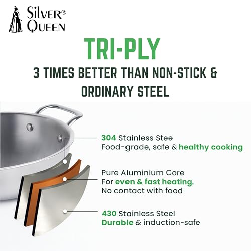 Image of Silver Queen Triply Stainless Steel Kadhai 26 cm (3.3 L) | Premium Triply Kadai for Cooking | Durable Stainless Steel Cookware | Induction & Gas Stove Compatible
