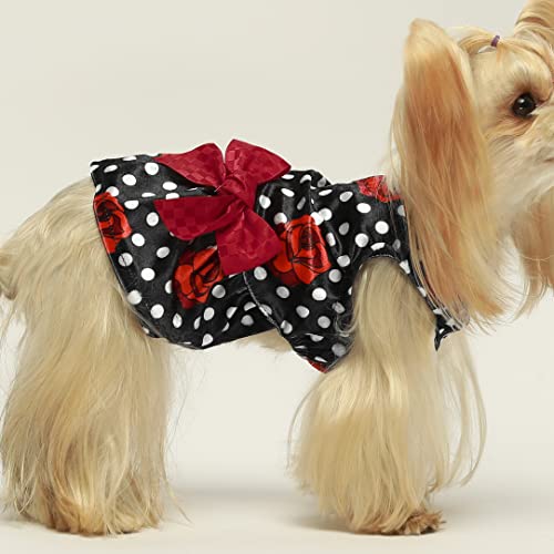 Fitwarm Mothers Day Polka Dot Rose Dog Dress Lightweight Velvet Girl Dog Clothes Pet Apparel Doggie Costume With Bowknot Cat Clothing Puppy Dresses Black Large #TOP1