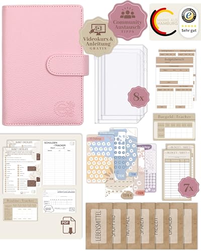BeginnerBudget® Budget Planner Deutsch - Starterset mit Sparchallenge Budgetplaner - Sparen mit Umschlagmethode + Anleitung - Ringbuch A6 - Binder A6 Litchi-Style (Rosa)