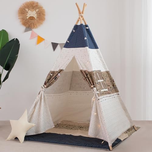 Image of xiaowantong Kids Teepee Tent with Mat, Printed Canvas Teepee for Girl Boy with Carry Bag, Portable Kids Playhouse for Indoor Outdoor (Top Blue)