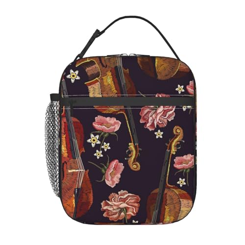 刺繍バイオリンとバラの花柄 ランチバッグ 弁当袋 保冷バッグ トートバッグ 手提げ お弁当入れ 軽量 大容量 食品収納 通勤 通学 ピクニック 男女兼用