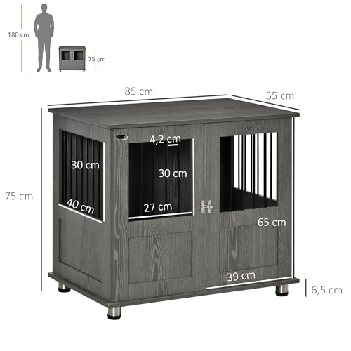 PawHut Hundekäfig Möbel 85cm Hundebox für Zuhause, Moderne Hundehütte mit Magnettür, Schloss, Fenster Abschließbar Hundehaus für mittlere Hunde bis zu 15kg, 85 x 55 x 75 cm, Grau