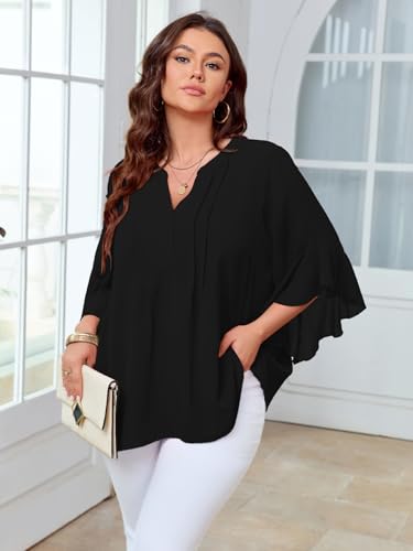 SCOMCHIC Women's Plus Size Blouse 3/4 Sleeve V Neck Chiffon Dressy Casual Shirts Business Work Office Tunic Tops XL-5XL2