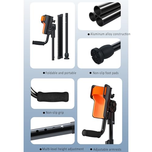 Muletas plegables para antebrazo, muletas de codo portátiles, altura ajustable, soporta 100 kg, 3 engranajes para soporte de codo y agarre, adecuadas para adultos de 150 a 180 cm