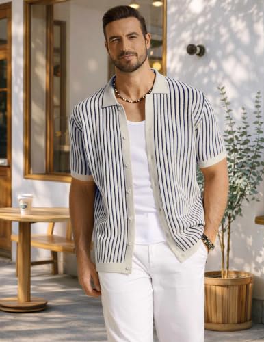Image of COOFANDY Mens Knit Button Down Shirts Short Sleeve Polo Shirt Vintage Striped Casual Shirts