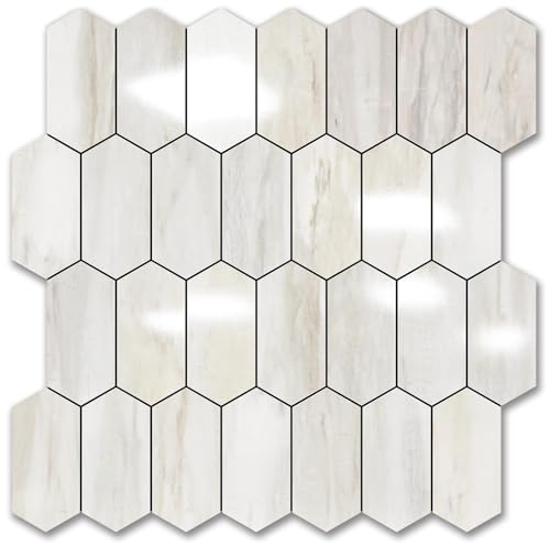 Vamos Tile Long Hexagon Peel and Stick Backsplash Tile - 1 Sheet Stick on Backsplash for Kitchen and Bathroom 12.4 x 12 Inch Glossy Wood Grain PVC Self Adhesive Mosaic Wall Tiles