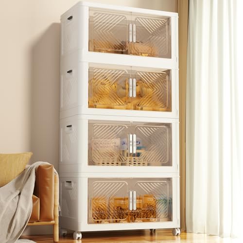 Storage Bins with Lid 120QT, Stackable Storage Containers with Wheels and Magnetic Doors, Plastic Clothes Closet Organizers and Storage Box for Pantry, Home and Office (4 Pack)