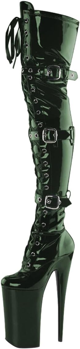 XYD Women Super High Stiletto Heel Thigh High Boots Winter Side Zipper Closed Toe Platform Lace Up Buckle Straps Club Dress Exotic Booties Shoes