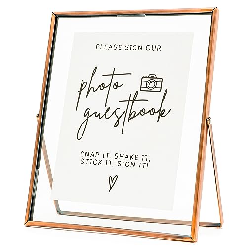 Image of Calculs Wedding Photo Guest Book Sign, 10x12 Copper Floating Picture Frame | Double glass metal frame, fits 8x10 insert, photo guest book station, reusable tabletop frame for signs and photos