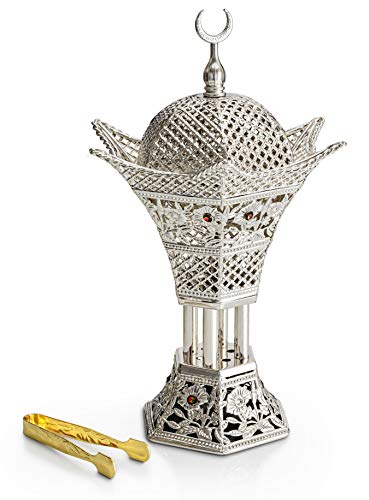 Am Bakhoor Charcoal Incense Burner - Oud Frankincense Resin Burner 10.5 Inches Tall - For Bakhoor Oud Incense Sticks Cones - Luxury Filigree, Silver #TOP9
