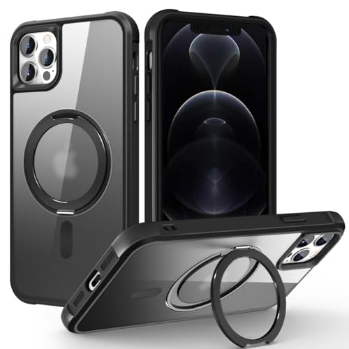 Image of Compatible with iPhone 12 /12 Pro Case with Stand 6.1 inch,Black | Matte Translucent Phone Case for iPhone 12 /12 Pro,360 Magnetic Ring Stand,Compatible Mag-Safe,Military Grade Protection
