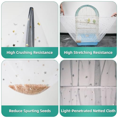 Image of Bird Cage Seed Catcher, Seed Catcher Guard Net Cover, Parrot Nylon Mesh Net Cover, Universal Soft Airy Cage Net Stretchy Skirt for Round Square Cages (Star-White, 15.7 inch x87 inch)