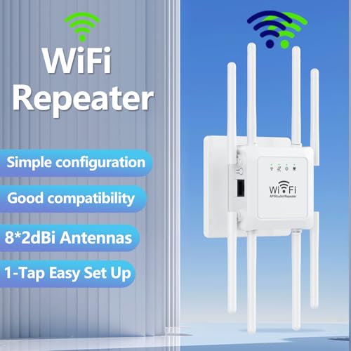 WiFi Extender Signal Booster, Long Range Wireless Internet Repeater for Home Cover up to 10,000 Sq.ft, WiFi Router Extender with Ethernet Port, 1-Tap Setup Signal Amplifier