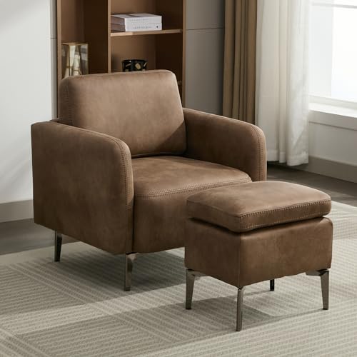 Modern Accent Chair Upholstered Leather Armchair & Ottoman Set Mid Century Modern Single Sofa Chairs Comfort for Living Room, Reading Nook, or Office Easy Assembly