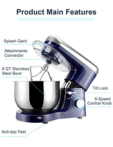 Elegant Life Stand Mixer, 6 QT 660W 6-Speed Tilt-Head Food Mixer, Kitchen Electric Mixer with Dough Hook, Wire Whip & Beater