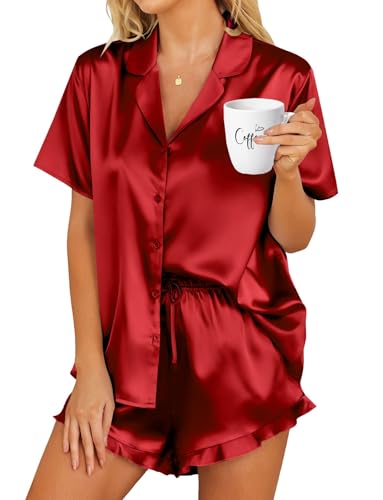 Image of HOTOUCH Womens Satin Pajamas Set Button Down 2 Piece Silk Pjs Shorts Set Ruffle Lingerie Notch Collar Sleepwear