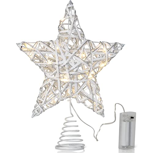 Ornativity Christmas Star Rattan Tree Topper – White and Silver Xmas Holiday Decor Rustic LED Lights Light Up Tree Top Topper Ornament Decoration 12