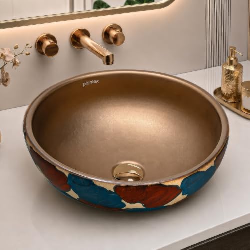 Image of Plantex Ceramic Countertop Wash Basin /Basin for Bathroom /Designer Basin for Home /Office /Restaurant (Bronze - 16.5 x 16.5 x 6 Inch)