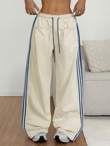 ZAFUL Women's Colorblock Straight Casual Pants Drawstring Slouchy Palazzo Pant Side Striped Lounge Trouser with Pockets2