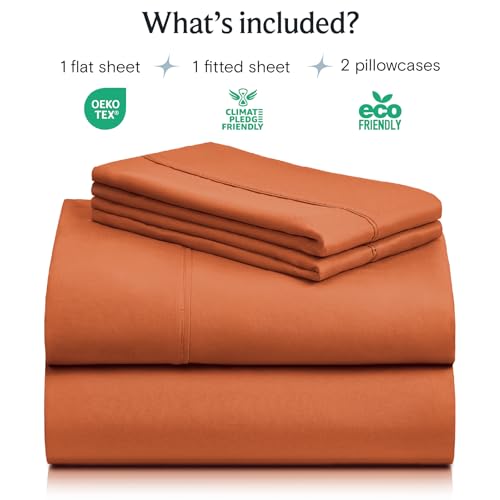 Image of LuxClub 4 PC Queen Sheet Set, Queen Size, Deep Pockets 18 inch Wrinkle Free Cooling Sheets Machine Washable Hotel Bedding Silky Soft - Autumn Orange Queen
