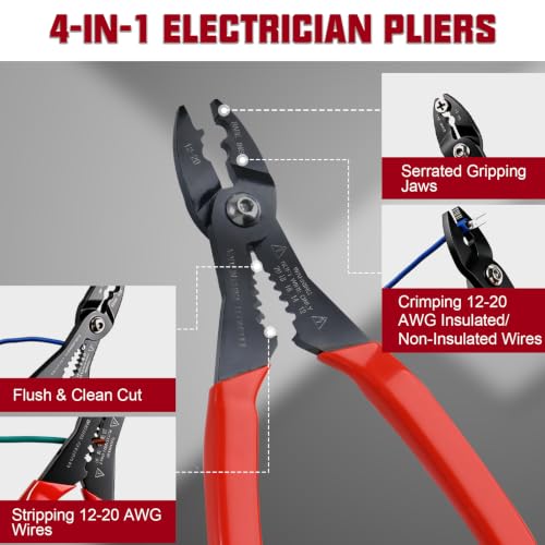 Image of 4-in-1 Multi Purpose Electricians Pliers with Wire Cutter, Crimper, Gripper, Stripper| Compact Wire Stripper Terminals Kit| Crimping Tool for 12-20AWG Insulated & Non-Insulated Wires