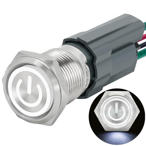 Image of UL Listed 15Amp 16mm Momentary Push Button Switch 110V-120V IP67 Waterproof; SPST 1NO, with LED Angel Eye Light; Stainless Steel 304 with Wire Socket Yellow