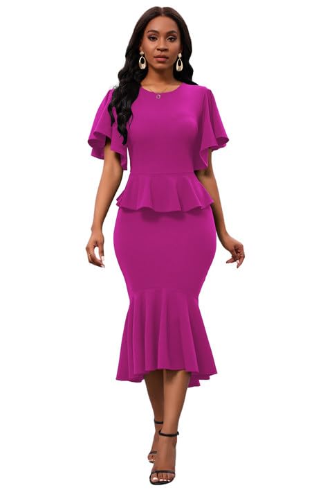 Image of Womens Summer Ruffle Short Sleeve Fishtail Dress Evening Cocktail Formal Peplum Midi Mermaid Dresses Elegant
